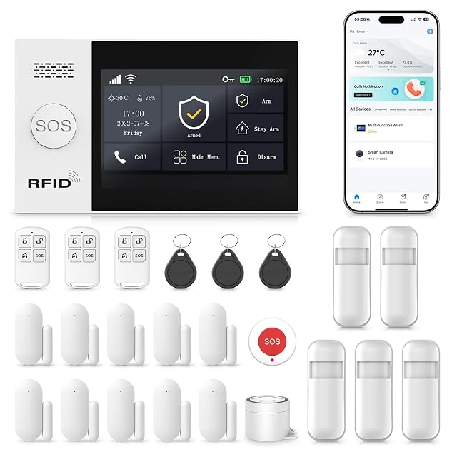 RenseCum home alarm system with 4.3-inch color touchscreen base station