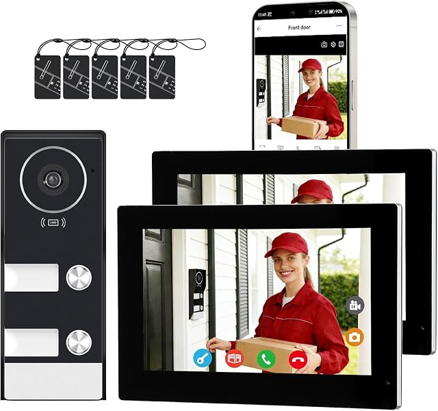LUMOBELL two-family video intercom with dual call buttons and 7-inch monitor