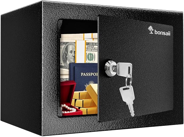 Bonsaii small steel security safe box with a flat key lock