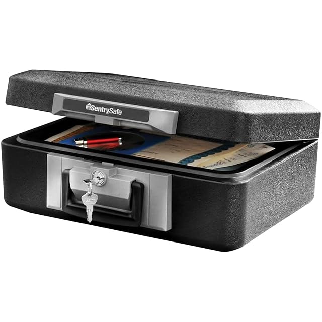 SentrySafe fireproof chest with a carrying handle and key lock