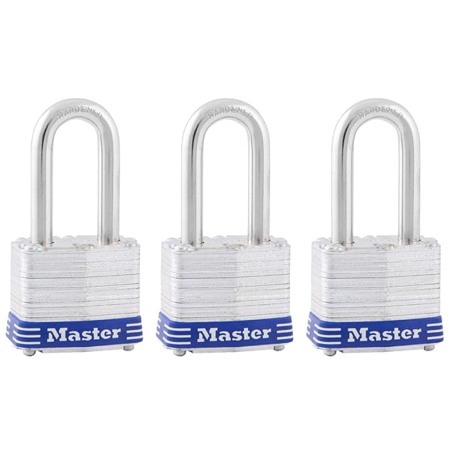 Master Lock laminated steel padlock with hardened steel shackle, three-pack