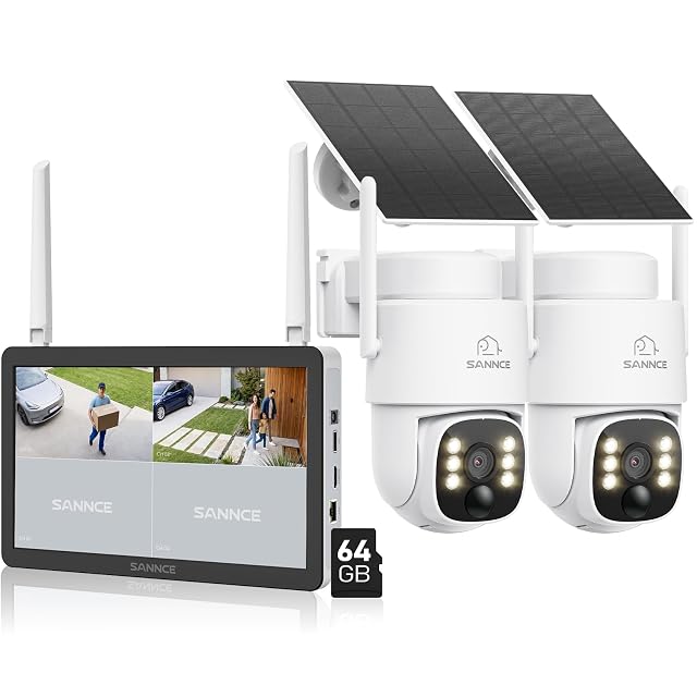 SANNCE solar pan-tilt camera kit with two cameras, solar panels and a 10.1-inch monitor recorder